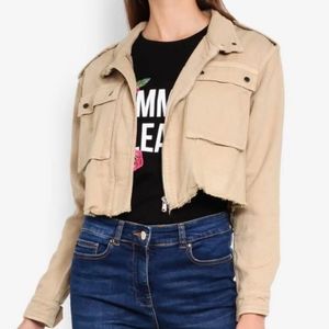 OVS Beige Lyocell Distressed Cropped Jacket Size Medium